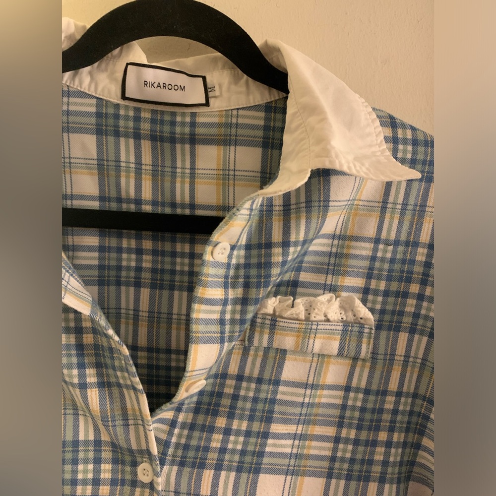 Vintage Blue and White Plaid Button Down Shirt - Picture 3 of 4